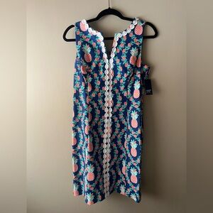 crown & ivy Navy Pineapple Print Sleeveless Midi Dress with White Lace Trim
